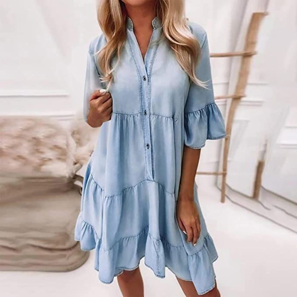 Boutique Denim Dress Peplum Basic A Line Cotton Short Sleeve V Neck Long Dress B